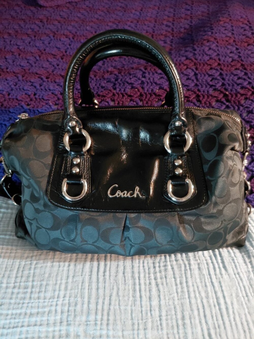 Coach Ashley Black Signature C Jacquard and Leather Satchel - Picture 6 of 10